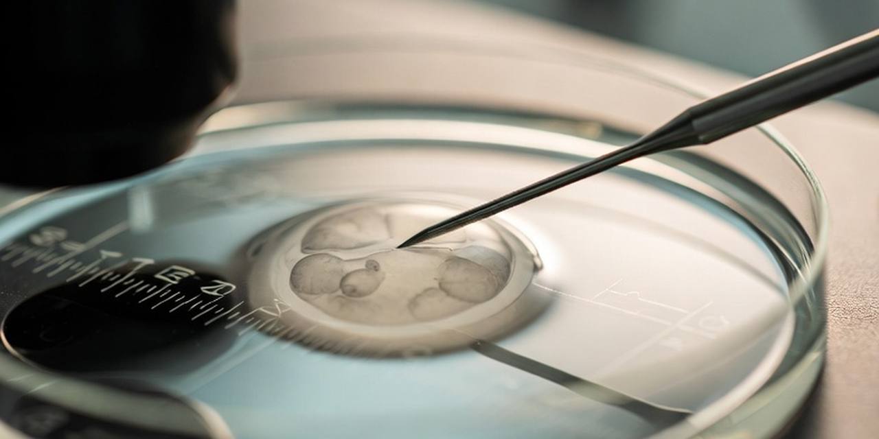 Day-5 embryo with biopsy micropipette — PGT-A genetic testing in IVF lab